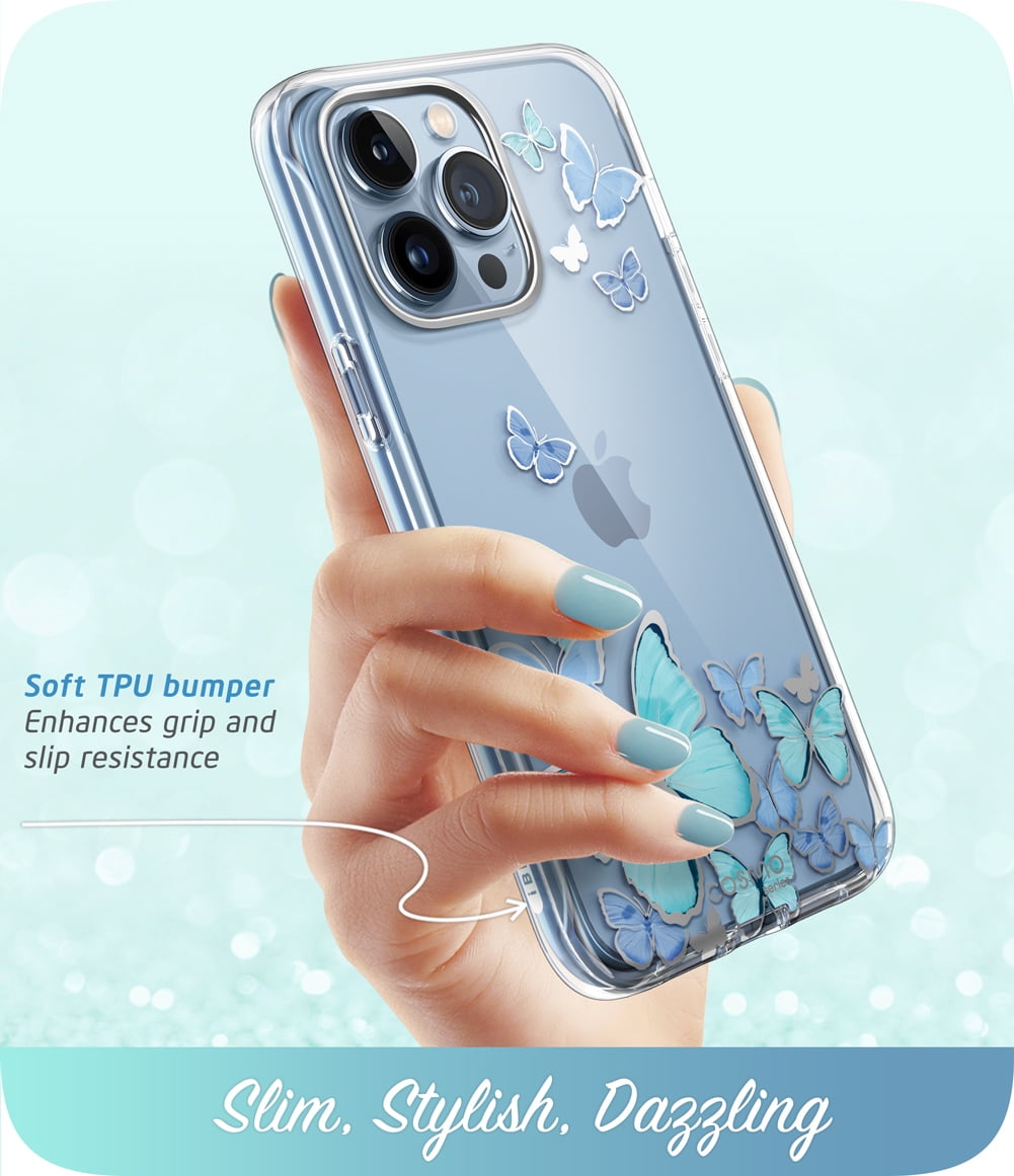 i-Blason Cosmo Series iPhone 13 Pro Max Case 6.7 inch (2021 Release), Slim Full-Body Stylish Protective Case for iPhone 13 Pro Max with Built-in Screen Protector (Blue Butterfly)