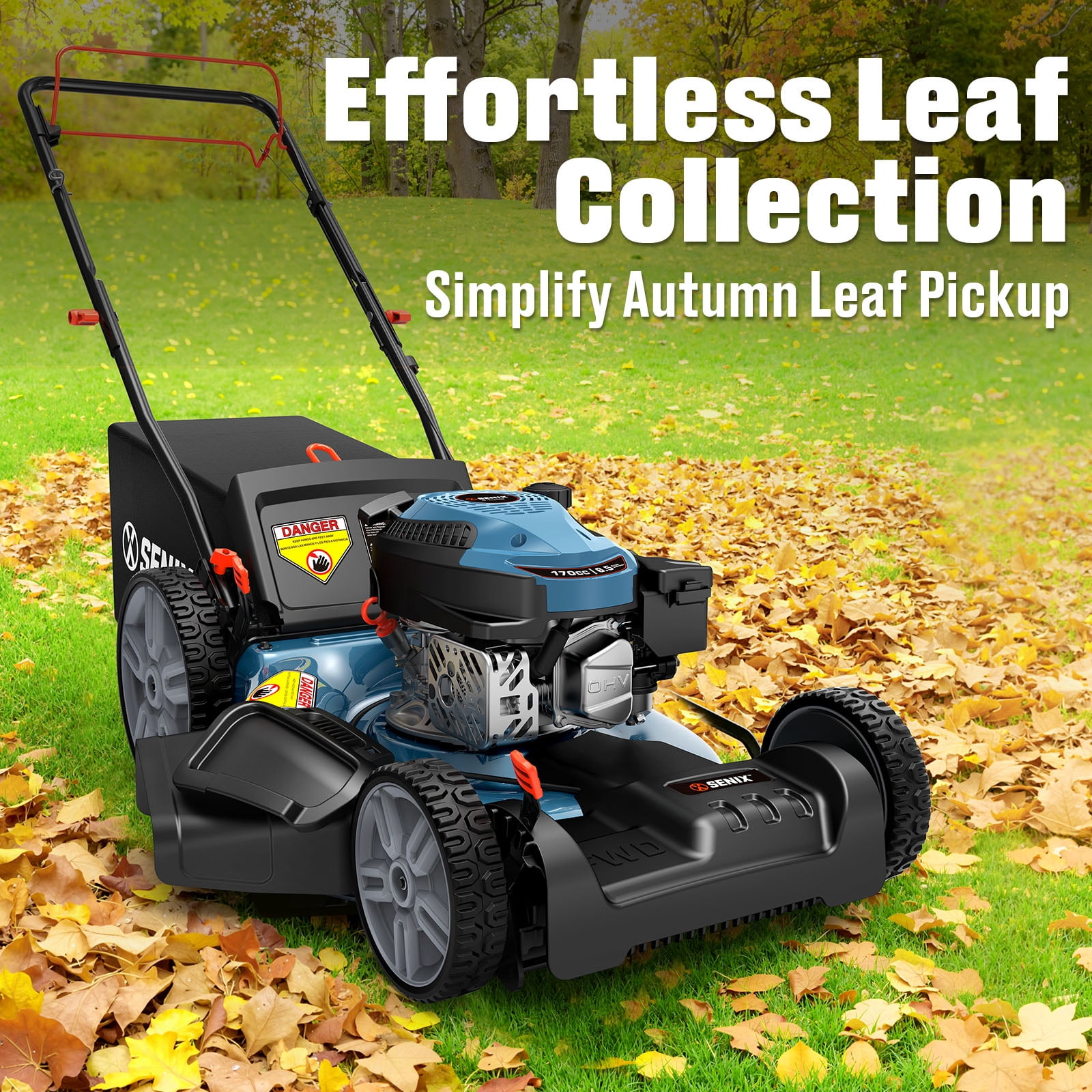 SENIX 170cc 21" Self-Propelled Gas Lawn Mower with 3-in-1 Mulch/Bag/Side Discharge, 6 Height Adjustment Push Mower