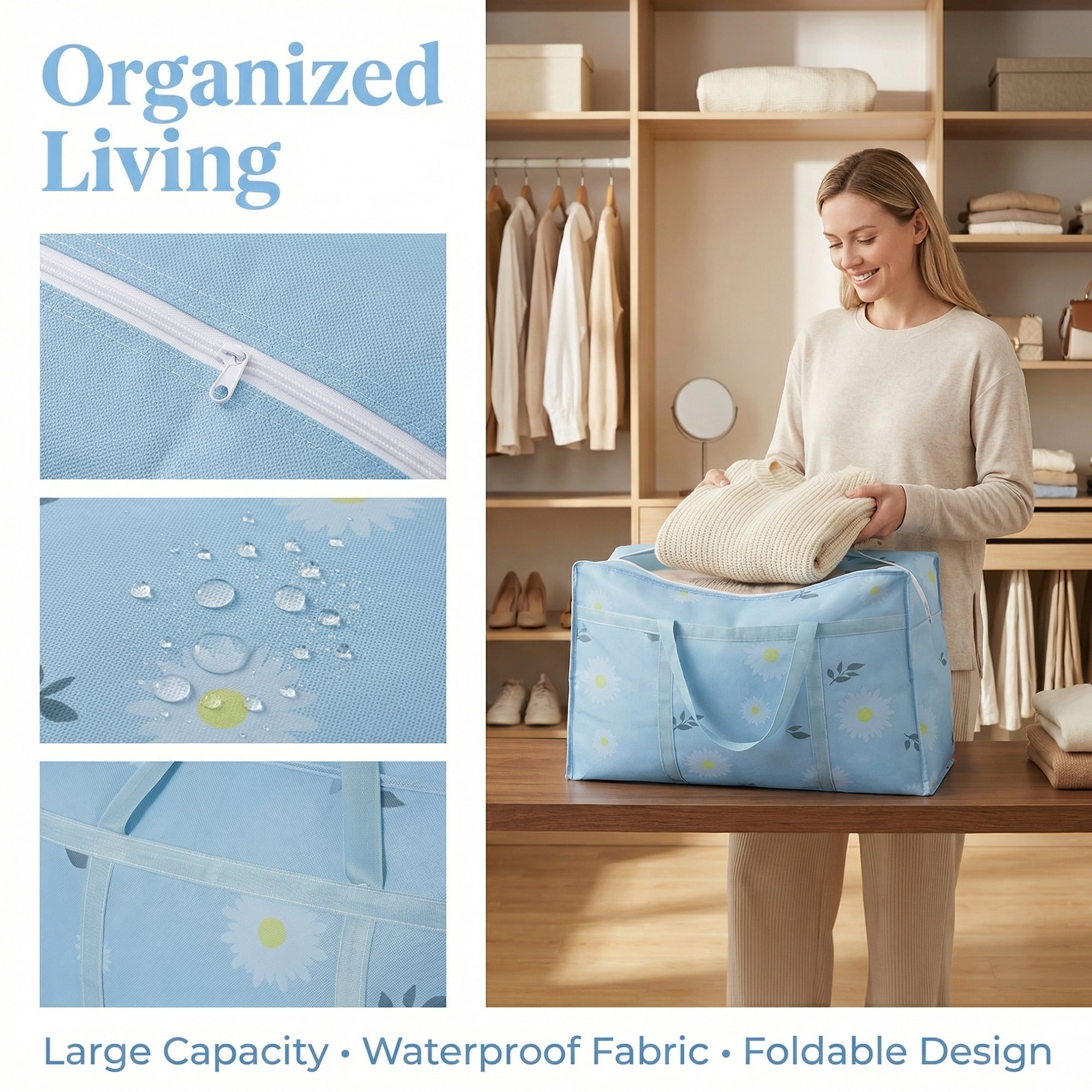 Unique Bargains Foldable Storage Bags for Organizing Livingroom Blue 18.5"x9.8"x11.8"