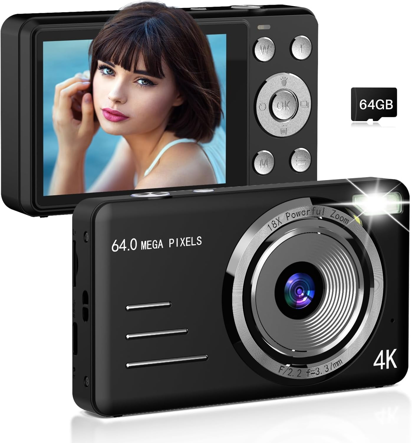 Digital Camera, FHD 4K 64MP Point and Shoot Kids Digital Camera with 64GB Card,18X Zoom, Anti Shake, Compact Small Cameras for Kids Gifts for Teens Girls Boys