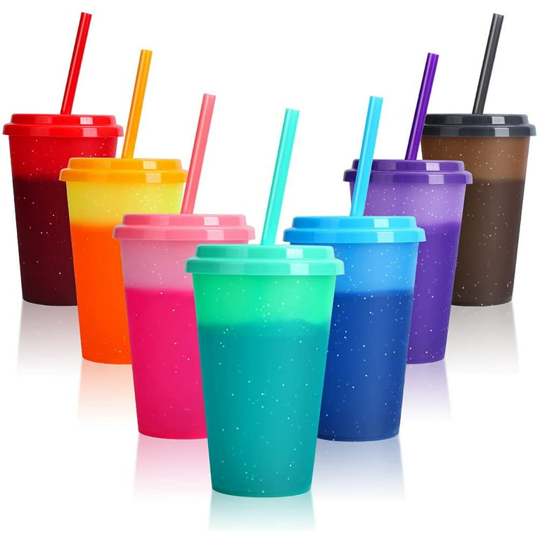 Color Changing Cups with Lids & Straws - 12 oz Reusable Cute Plastic Tumbler  Bulk - 7 Pack Kids Small Funny Travel Straw Tumblers/ Adults Iced Cold  Drinking Party Cup 