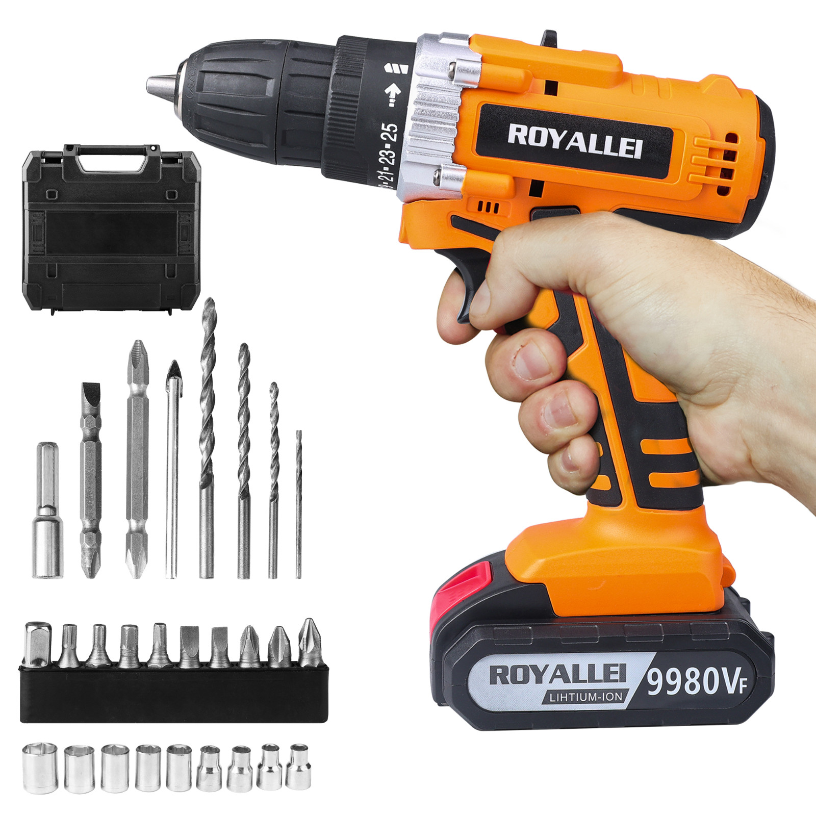 Innens 21V Electric Drill with 2 Batteries with LED Work Light 3/8'' Cordless Drill for Home Improvement