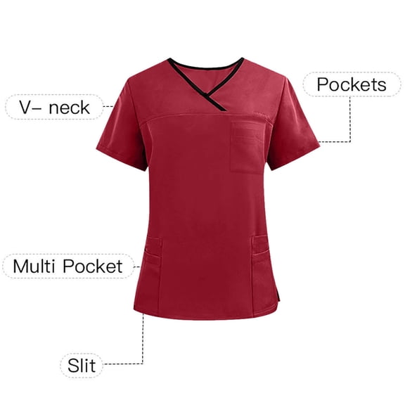 Women’s V-Neck Nurse Uniform Blouse - Short-Sleeve Button-Front Scrub Top for Medical, Nursing, Clinic, Healthcare, Hospital, Caregiver /Clinic Staff | Multi-Size Multi-Pocket Work Uniform