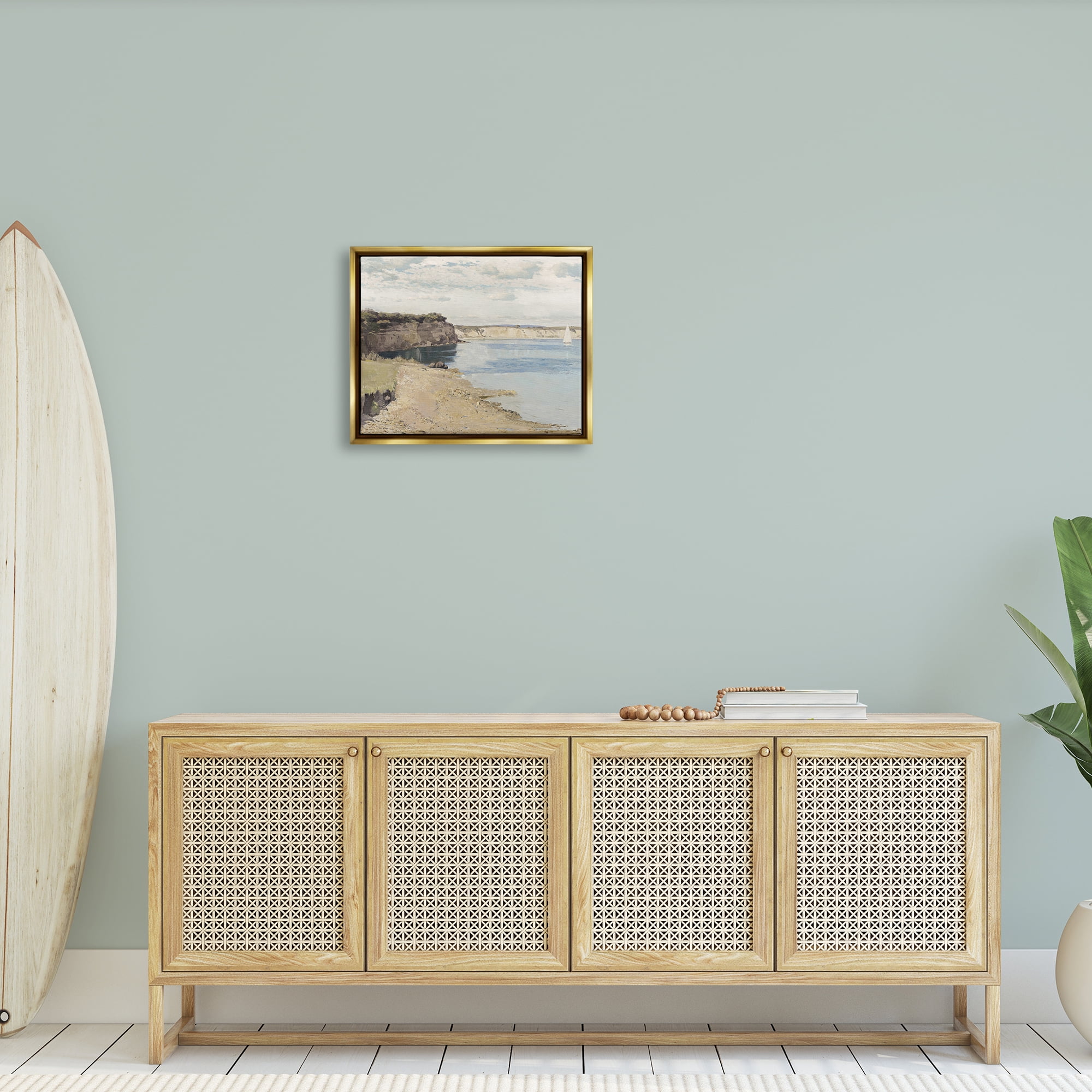 Stupell Industries Still Morning Oceanside Cliffs and a Sailboat Painting Metallic Gold Framed Floating Canvas Wall Art, 16x20, by Christy McKee
