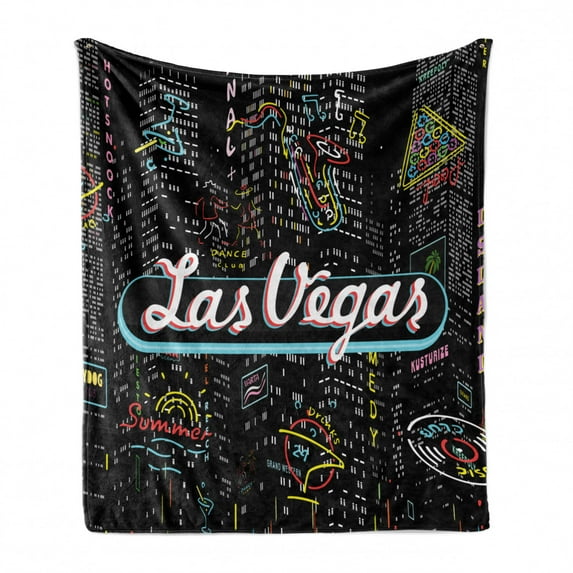 Las Vegas Soft Flannel Fleece Blanket, Colorful Elements of Vegas Entertaintment Monochrome Buildings Sax and Bar Signs, Cozy Plush for Indoor and Outdoor Use, 60" x 80", Multicolor, by Ambesonne