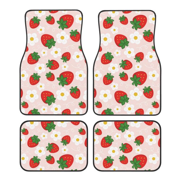 Balery Strawberry Floral Juego de 4 Alfombrillas para Auto, Revestimientos de Caucho Resistente, Diseño Antideslizante