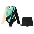 thumbnail image 3 of TiaoBug Gymnastics Biketard Leotards for Women Metallic Long Sleeve Dance Bodysuit with Shorts Blue Green XL, 3 of 5