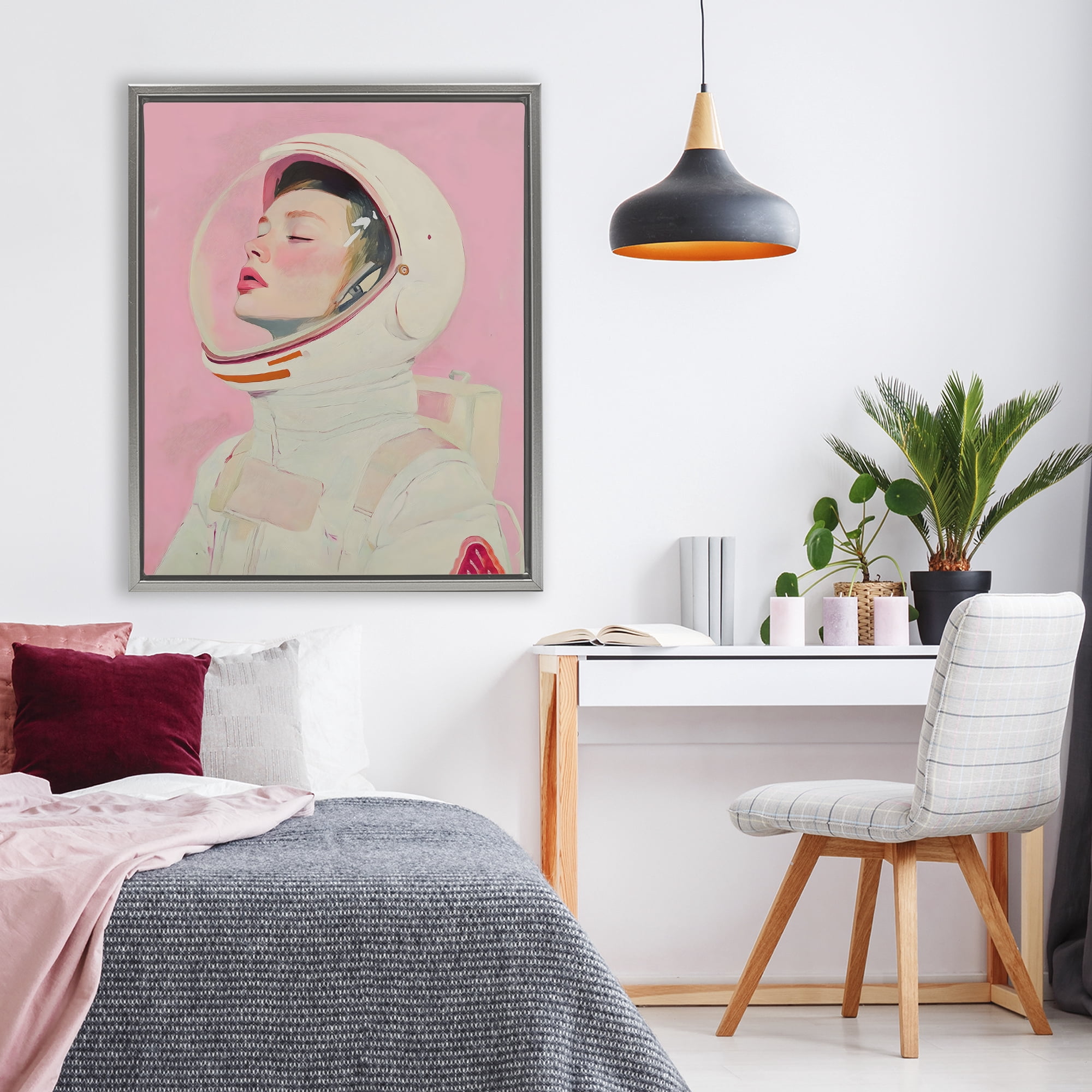 Stupell Industries Pink Astronaut Girl Gray Framed Floater Canvas Wall Art, design by The Prints Vibe
