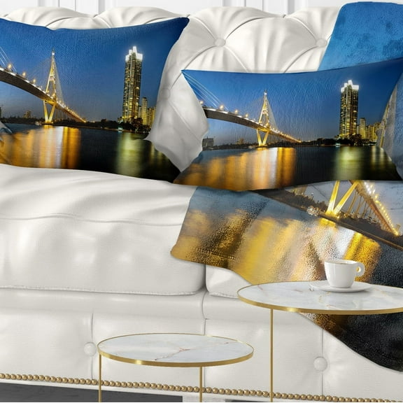 Designart Lit up Bhumibol Bridge at Dusk - Cityscape Throw Pillow - 12x20