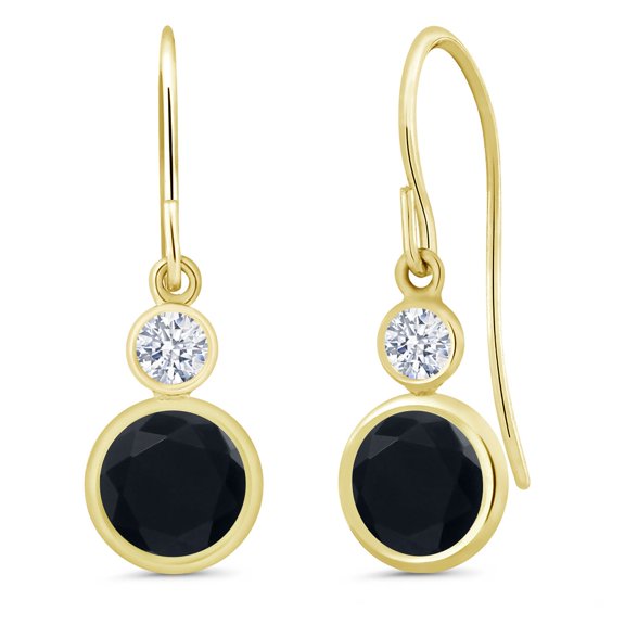Gem Stone King 14K Yellow Gold Black Onyx Drop Dangle Earrings for Women (1.82 Cttw, Gemstone December Birthstone, Round 6MM and 3MM)