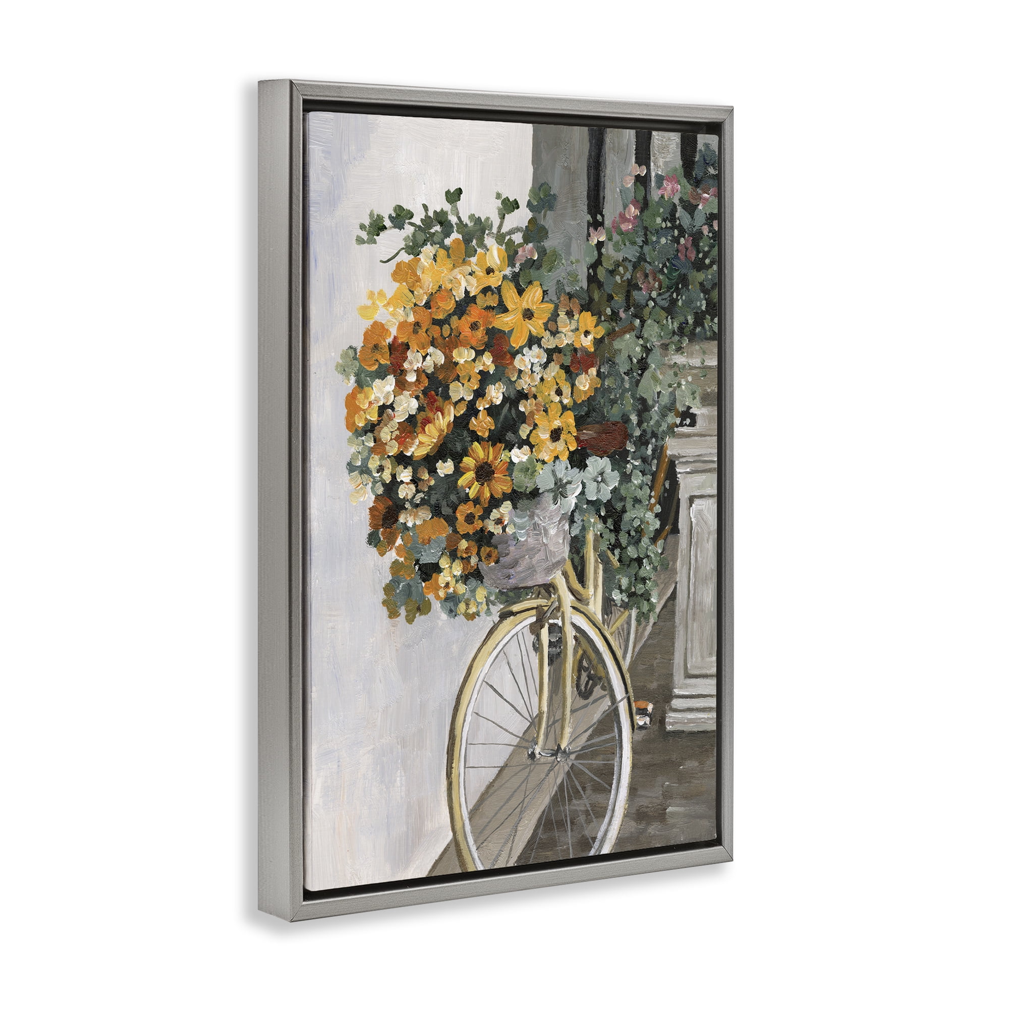 Stupell Industries Bouquet on Bicycle Botanical & Floral Painting Gray Floater Framed Art Print Wall Art, 17 x 25