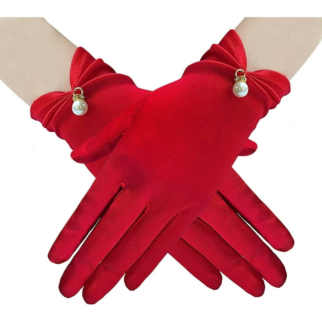 Nvzi Guantes de satén, guantes cortos, guantes de princesa, novias, banquete de ópera, fiesta de disfraces, rojo