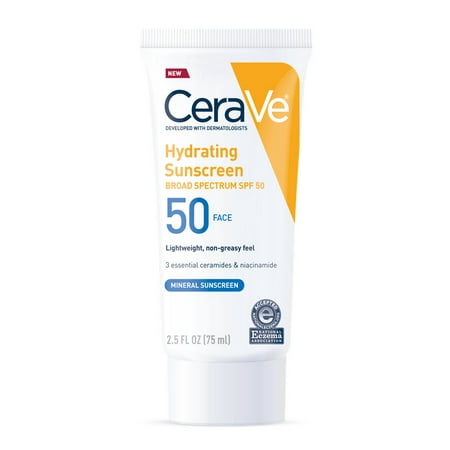CeraVe Hydrating Face Sunscreen SPF 50, Lightweight Mineral Sunscreen, 2.5 Fl