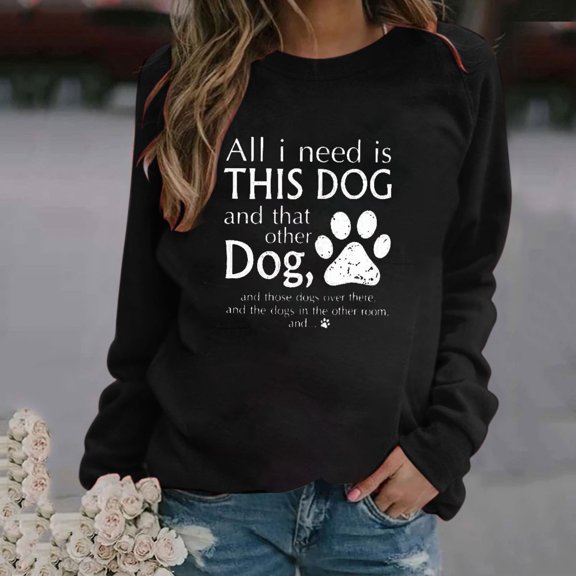 Kayannuo Clearance Womens Tops Long Sleeve Shirts Fall Clearance Women Dog Lover Text Letter Print Round-Neck Long Sleeve Loosen Single Sweatshirt Tops Pullover Blouse Black