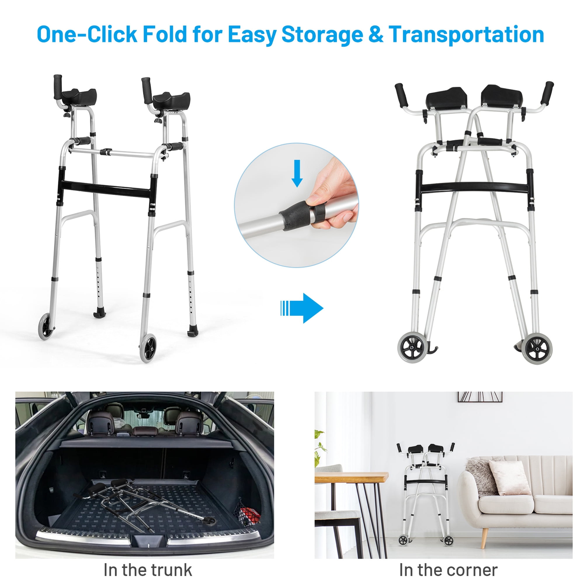 Gymax Folding Walker Aluminum Walking Aid Adjustable Walking Frame with Wheels Sliver