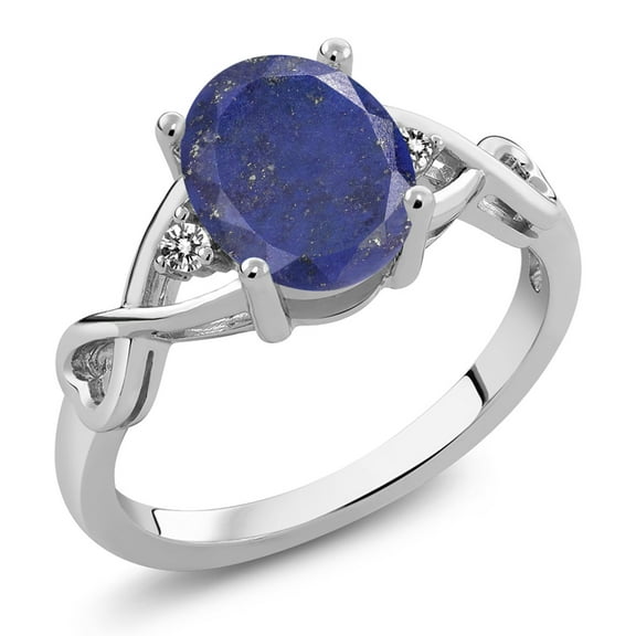 Gem Stone King 2.06 Ct Oval Blue Lapis White Diamond 925 Sterling Silver Ring (Size 8)