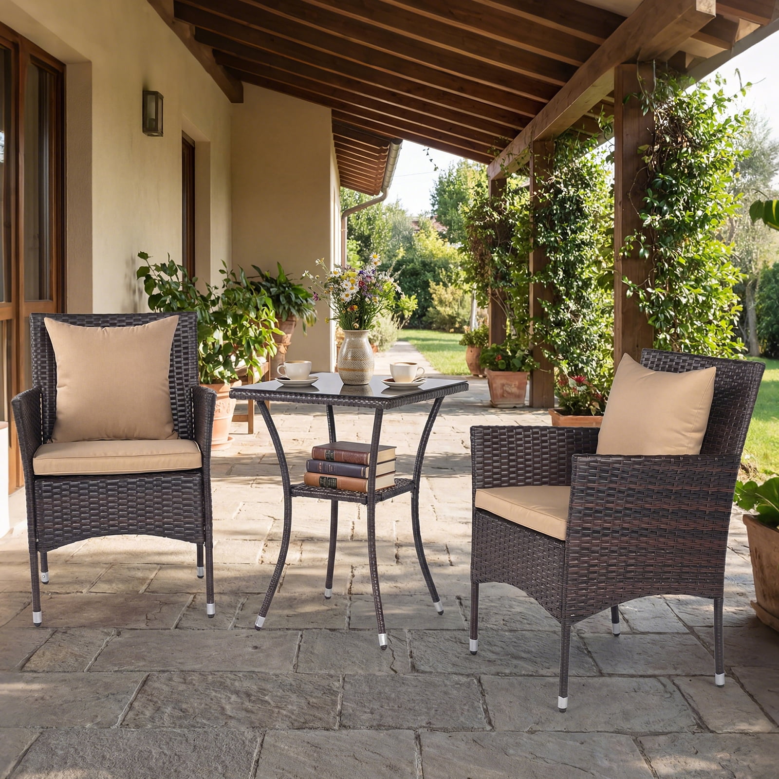 Costway 3PCS Patio Wicker Bistro Set, 2 Rattan Chairs with Double-Tier Tempered Glass Table Mix Brown+Beige