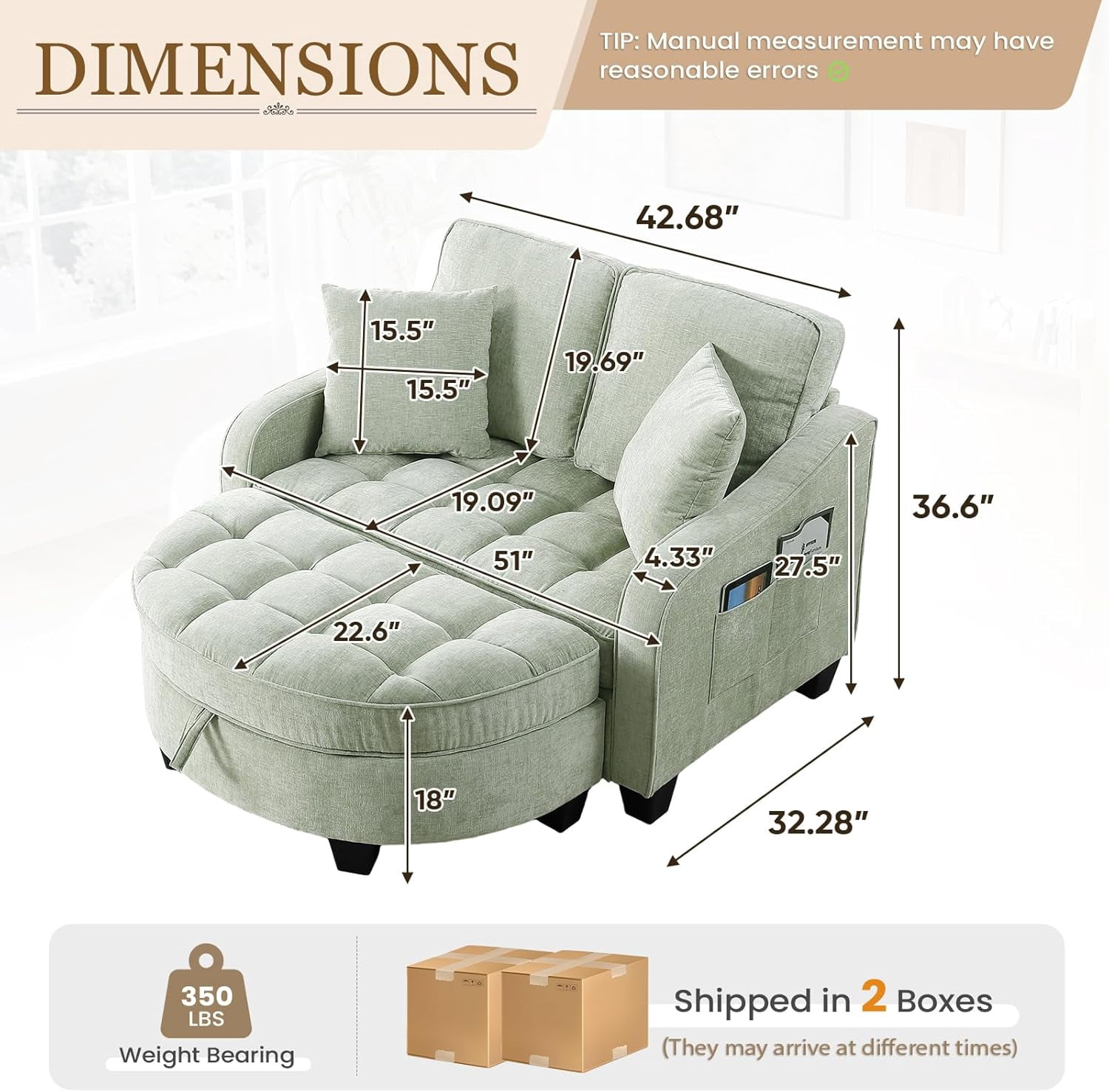 MOONMISS Oversized Chair and A Half, Chenille Tufting Accent Cozy Reading Sofa Chair with Storage Ottoman, Upholstered Loveseat Chaise Lounge Sofa with Adjustable Back for Living Room,Green