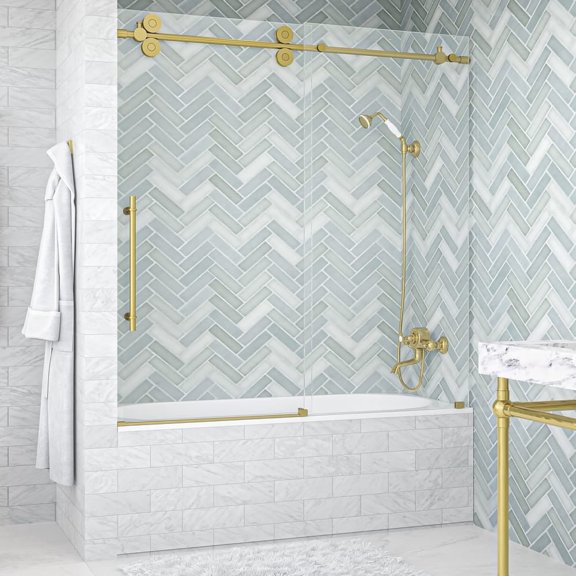 Seawin Cosmo 56 - 60 x 62 inches Frameless Sliding Bathtub Door 3/8 in. (10 mm) Clear Tempered Glass with NanoShield Coating Satin Gold