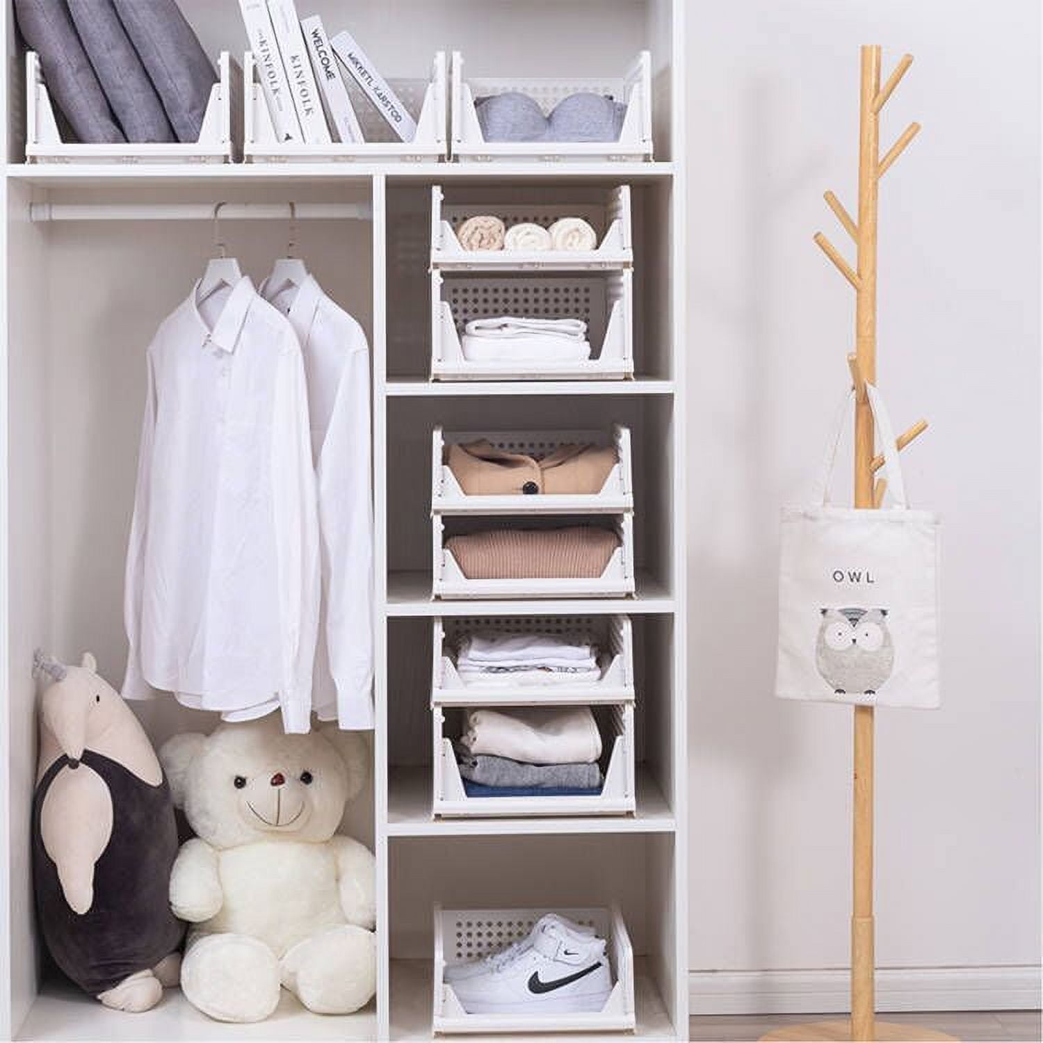 TINANA Stackable Plastic Storage Basket 4 Pack, Drawer Shelf Storage Container, Foldable Closet Organizers and Storage Bins for Wardrobe Cupboard Kitchen Bathroom Office-White