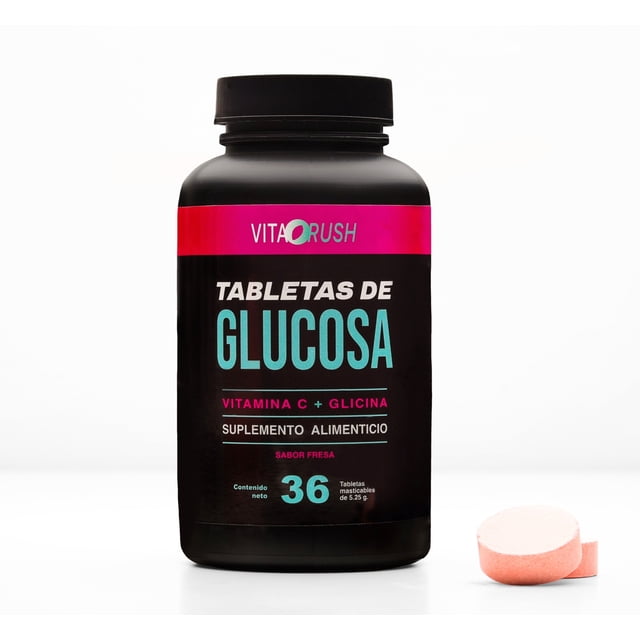 vitarush -tabletas de glucosa masticables sabor fresa (glucose tablets) Frasco negro frontal con etiqueta rosa y turquesa que indica 36 tabletas; cada tableta contiene 4 gramos de glucosa, tabletas redondas masticables rosa colocadas a la derecha sobre fondo blanco. También se usa a menudo para reponer energía rápida durante actividad física ligera.