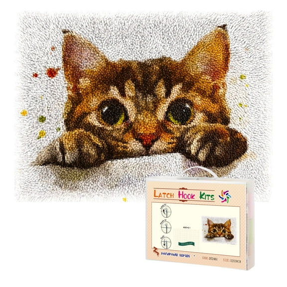Latch Hook Rug Kit Adorable Brown Cat Peeking Pre-Printed Handmade Carpet Crochet Yarn Craft DIY Hook and Latch Door Mat Tapestry for Home Floor Decoration 52x38cm-1