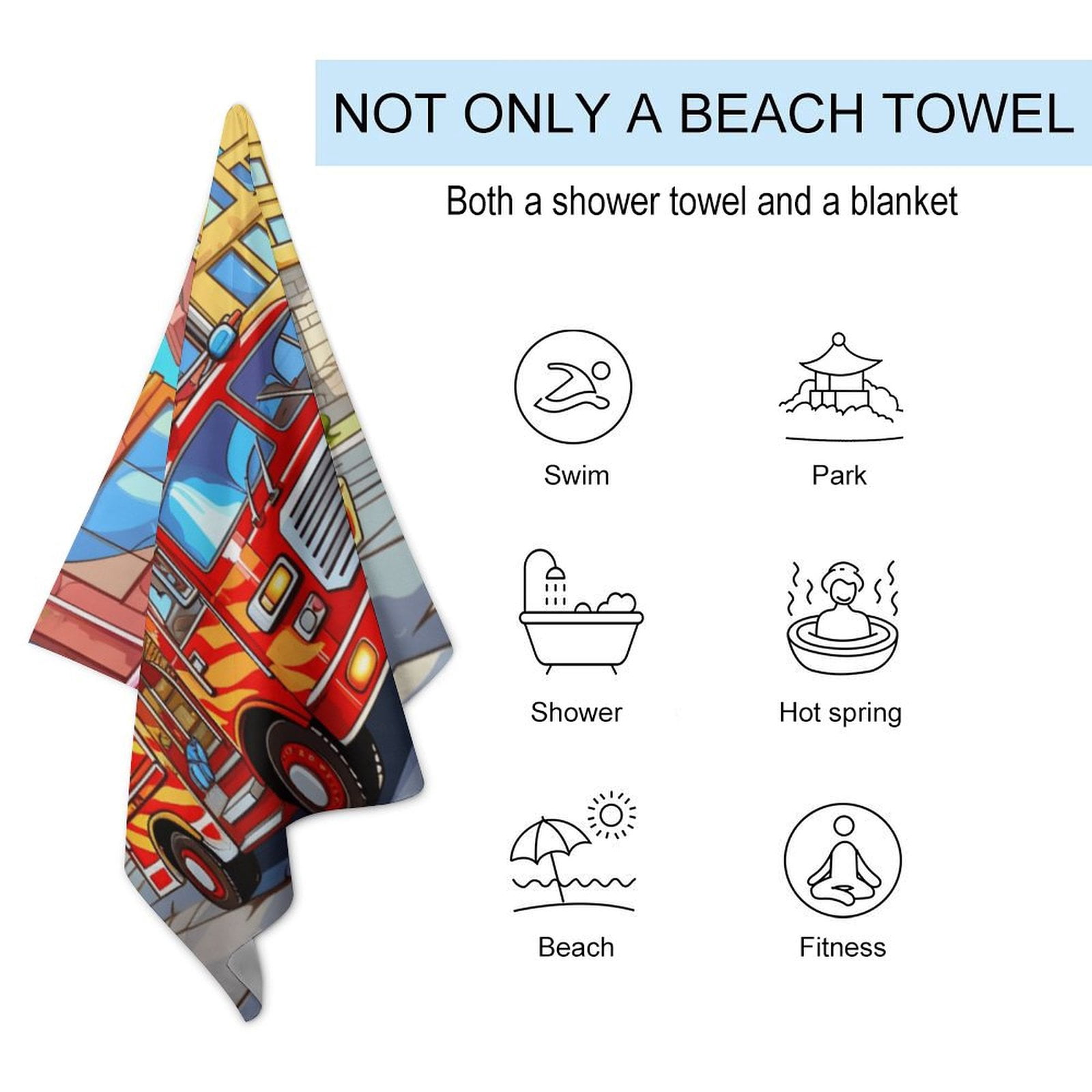 Fire Engine Car Truck Microfiber Beach Towel Lightweight 63''x32'' Oversized Extra Large Towels Quick Dry for Travel Pool Yoga Gym Sports Accessories Vacation Essential