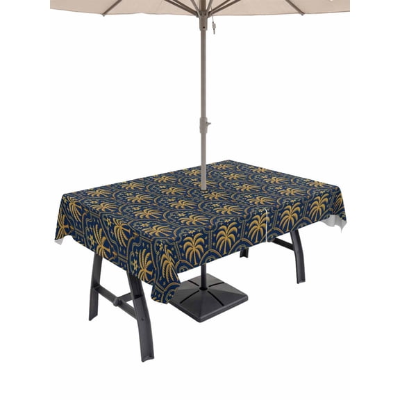 Outdoor Tablecloth with Umbrella Hole for Patio/Picnic/Party/Camping, Yellow Palm Trees Waterproof Table Cloth Rectangle Table Cover Washable, Summer Tropical Coconut Trees Vintage (52"x 70")