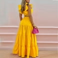 thumbnail image 4 of Mrat Women's Plus Size Outfits V Neck Croped Tops Ruffle Sleeve and Flowy Maxi Pleated Skirt Set Beach Wear Suit Two Piece Athletic Tracksuit S-36 Yellow XXL, 4 of 9