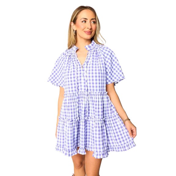 Women's Lavendula Plaid Ruffle Wide Short Sleeve Babydoll Mini Dress - [ZhiHiMeRi] | (US 12-14)L
