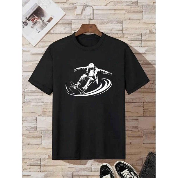 Camiseta de algodón negra para niño con estampado de patineta - Cuello redondo informal, manga corta, ropa de verano, ropa informal para jóvenes | Camiseta con estampado divertido | Tejido elástico,