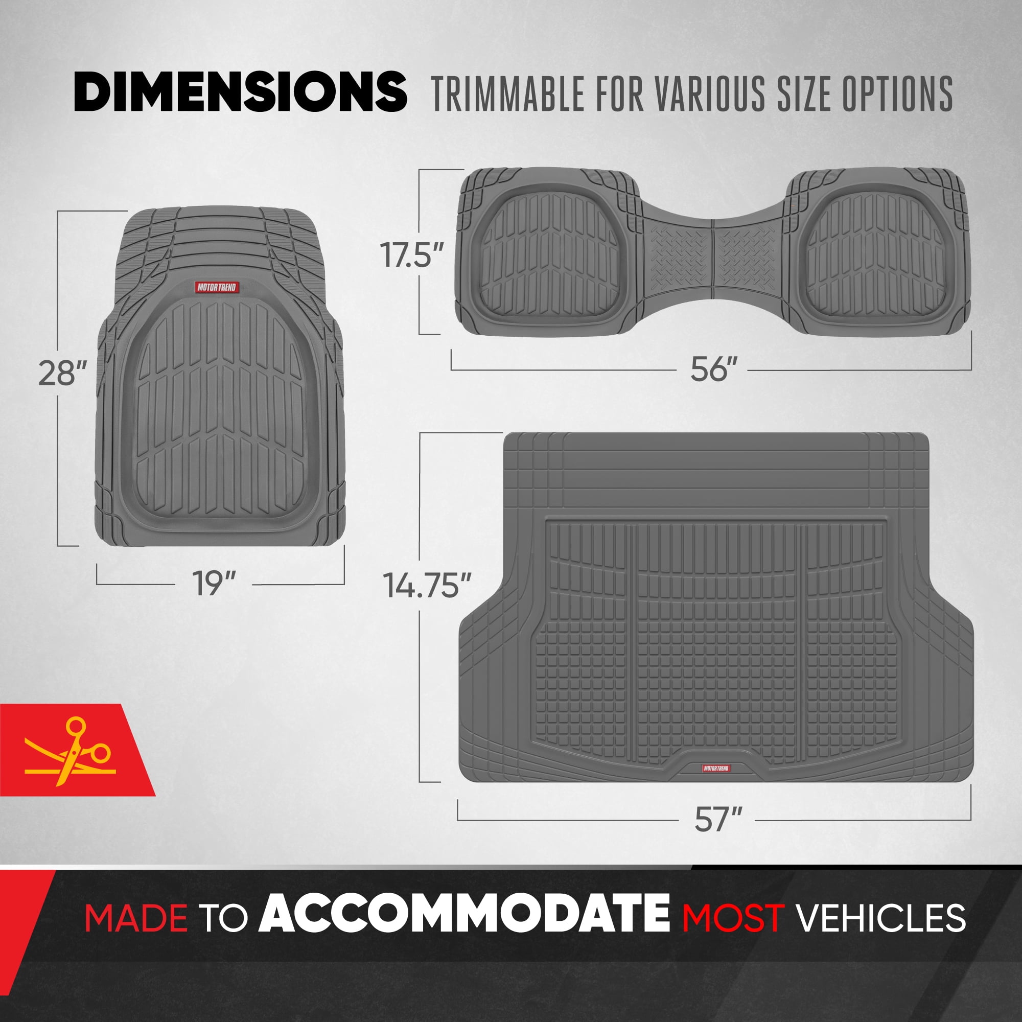 Motor Trend FlexTough Contour Liners Deep Dish 3 pc Rubber Floor Mats & Trimmable Trunk Liner Cargo Mat - Heavy Duty All Weather Protection Car Mats with Traction Grips Car Accessories (Gray)