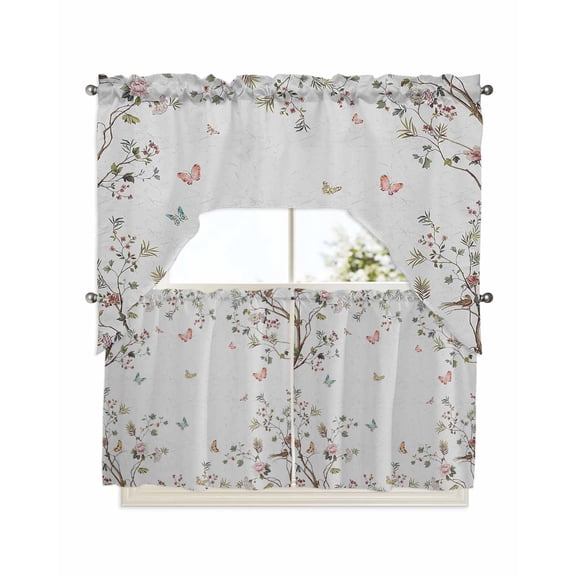 Vintage Botanical Kitchen Curtains Swag Valance and Tier Curtains Set 24 Inch Length, Spring Floral Botterfly Summer Flower Rod Pocket Drape Panels Pair Swag Curtains for Bathroom/Cafe/Window