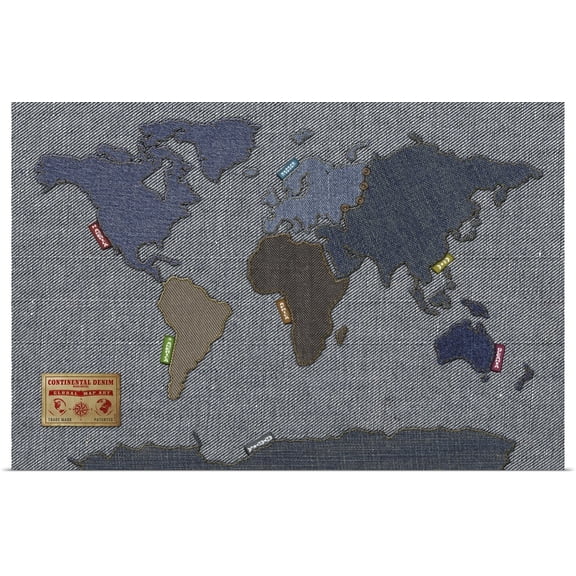 Great BIG Canvas | Rolled Michael Tompsett Poster Print entitled World Map in the style of denim fabric
