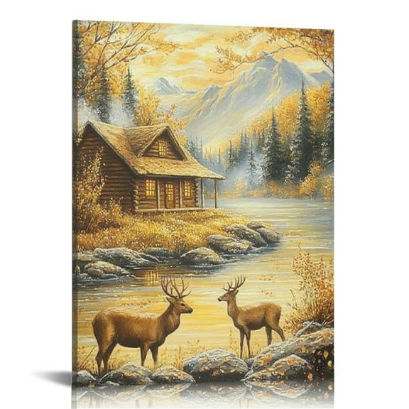 Patifu Deer Cabin River Art Modern Canvas Prints for Living Room Bedroom Home Office Wall Decor 12x16 in