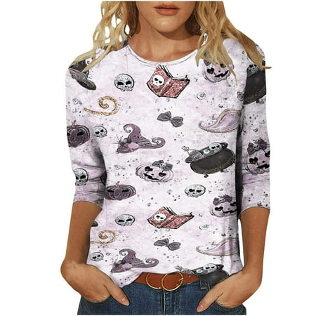 

Juebong Womens 3/4 Sleeve Sweatshirts Oversize Pullover Relaxed Fit Halloween Print V Neck Half Sleeve Tunic Tops Dresses with Pocket for Beach Vacation Party Club Night