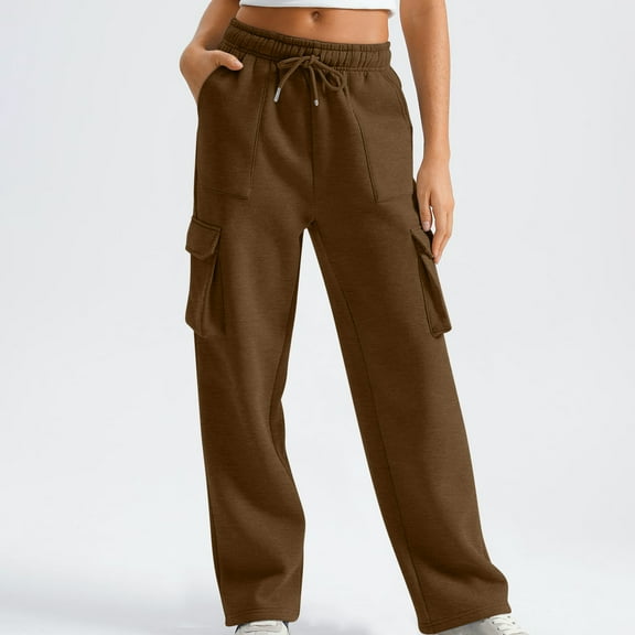 Sweatpants Women New Straight Tube Solid Color Multi Pocket High Waisted Drawstring Work Pants Winter Pants