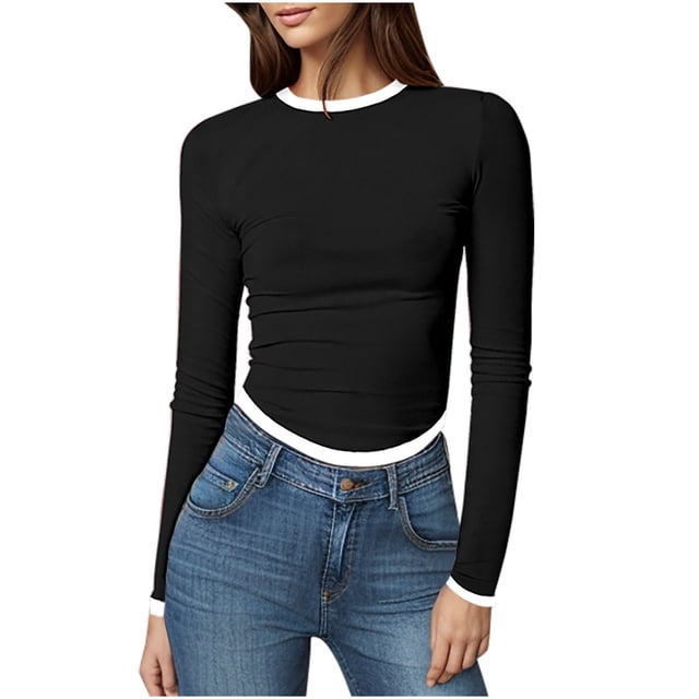 Timegard Hauts de Sortie pour Femmes Col Rond Manches Longues Bloc Couleur Slim Confortable Hauts Courts Mode Décontractée