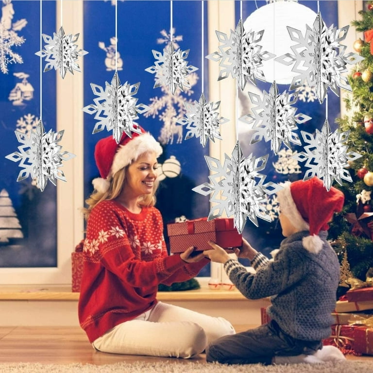 12pcs Winter Christmas Hanging Snowflake Decorations, 3D