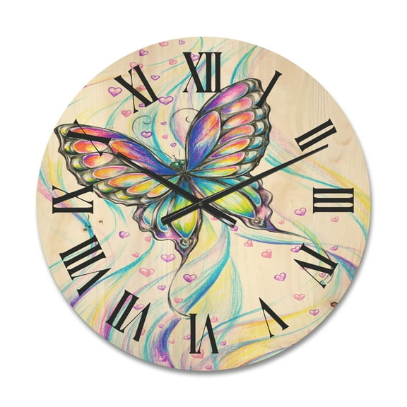 Designart 'Iridiscent Colorful Butterfly' Traditional Wood Wall Clock