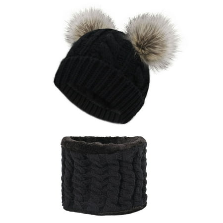 2 Pcs Women Winter Fleece Lined Pom Pom Beanie Scarf Set Black