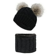 2 Pcs Women Winter Fleece Lined Pom Pom Beanie Scarf Set Black