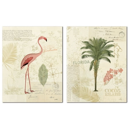 Tropical Florida Pink Flamingo and Palm Tree Set by Katie Pertiet; Two 11x14in Poster Prints. (Best Palm Trees For Central Florida)