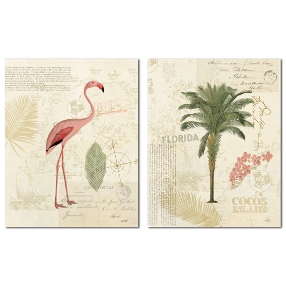 Tropical Florida Pink Flamingo and Palm Tree Set by Katie Pertiet; Two 11x14in Poster Prints. Pink/Green/Tan