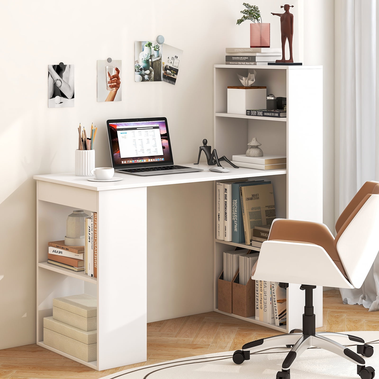 Costway Computer Desk Writing  Workstation Office w/6-Tier Storage Shelves White
