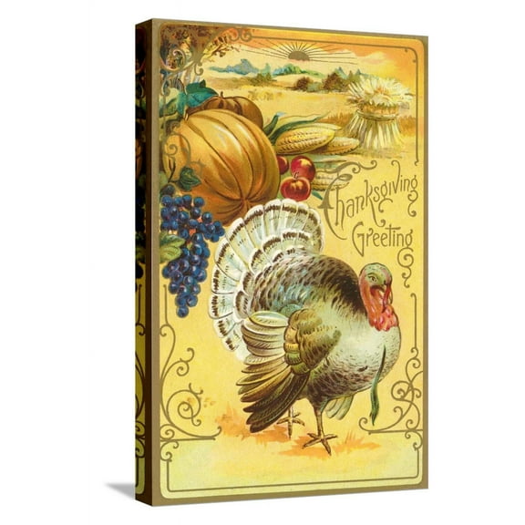 Art.com Thanksgiving Greeting, Turkey and Pumpkin Stretched Canvas Print Wall Art, 12" x 18"