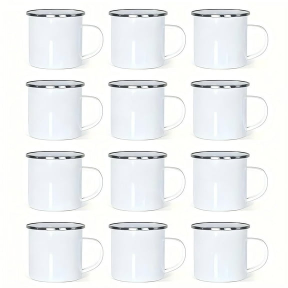 VAETTLO 12-Pack Enamel Mugs, 12oz Plain White with Silver Rim for Large Gatherings & Camping