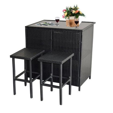 Mcombo 3PCS Black Wicker Bar Set Patio Outdoor Table & 2 Stools Furniture Steel