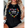 thumbnail image 1 of Regular Size Women's "Teacher Tiny Humans" Graphic Tee - Casual Crew Neck, Short Sleeve, Stretchy Cotton with Colorful Hand Prints - Machine Washable, Ideal for Spring/Summer, Teacher Shirts Regular, 1 of 6