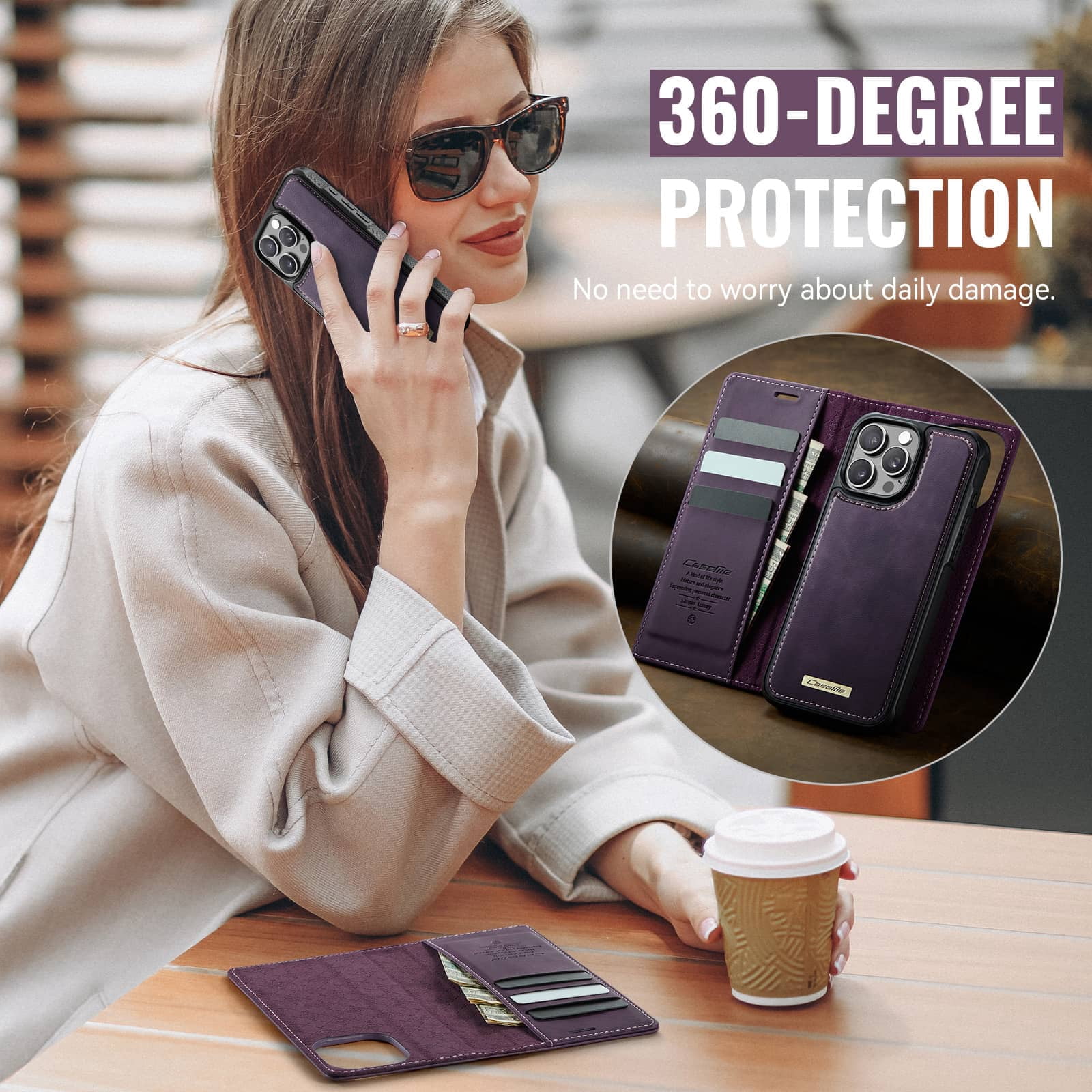 Magnetic 2 in 1 Magsafe Detachable Wallet Case for iPhone 16 Pro Max with Card Holder Women Men, Retro PU Leather【RFID Blocking】Kickstand Shockproof Cover